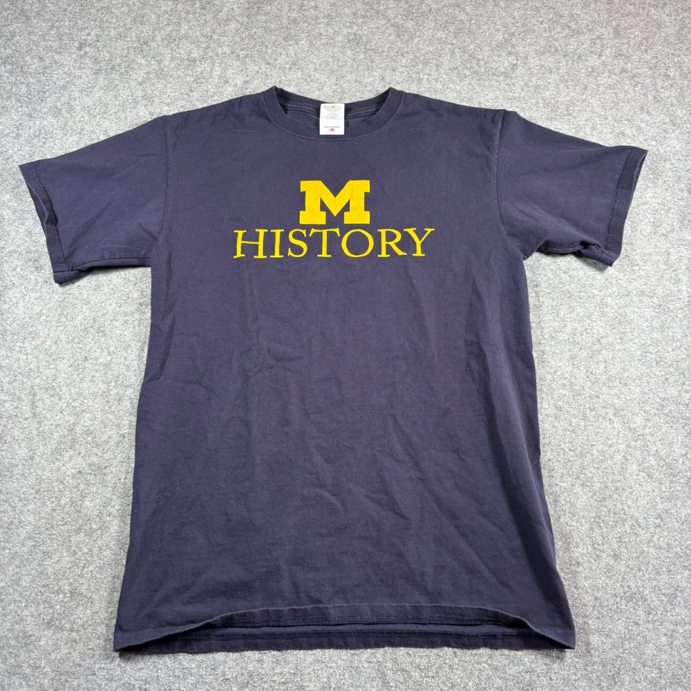 Anvil Michigan History T-Shirt Mens Medium Navy Blue Winston Churchill Quote Tee